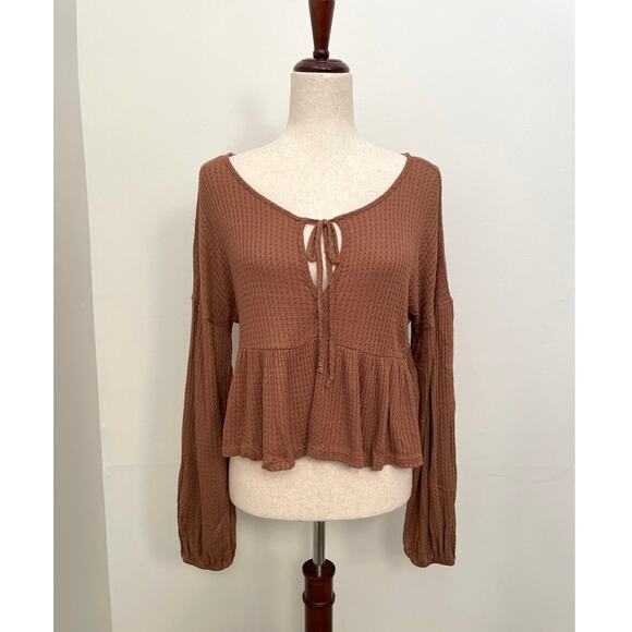 Lush Tops - LUSH Waffle Knit Babydoll Peplum Top Womens S Brown Tan Long Sleeve Coquette
